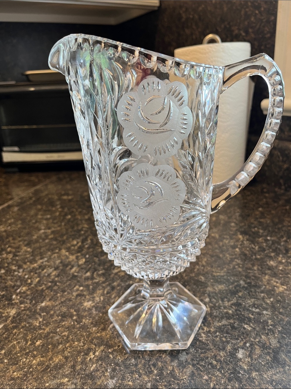 Cut Glass Etched Floral Pedestal Pitcher - Clear